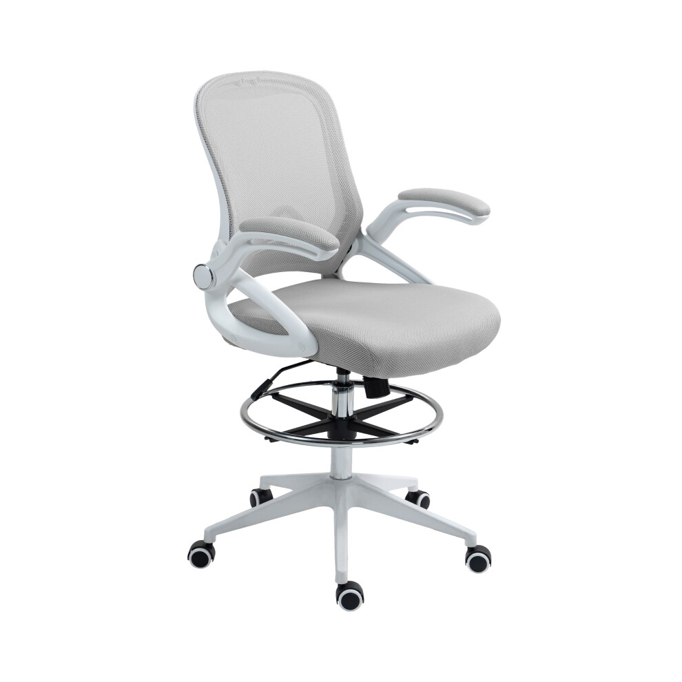 Height Adjustable Mesh Drafting Chair with Foot Ring 360 Swivel & Flip-up Armrest for Ergonomic Standing Desk Use - Light Grey-image-OPC-PMFQ25W-NEW