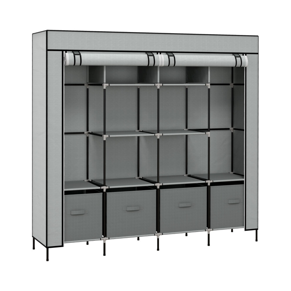 Cloth Wardrobe for Bedroom - 10 Compartments 2 Hanging Rails 4 Fabric Drawers Portable Dark Grey 166x42.5x169.5cm-image-OPC-PMFQ5XH-NEW