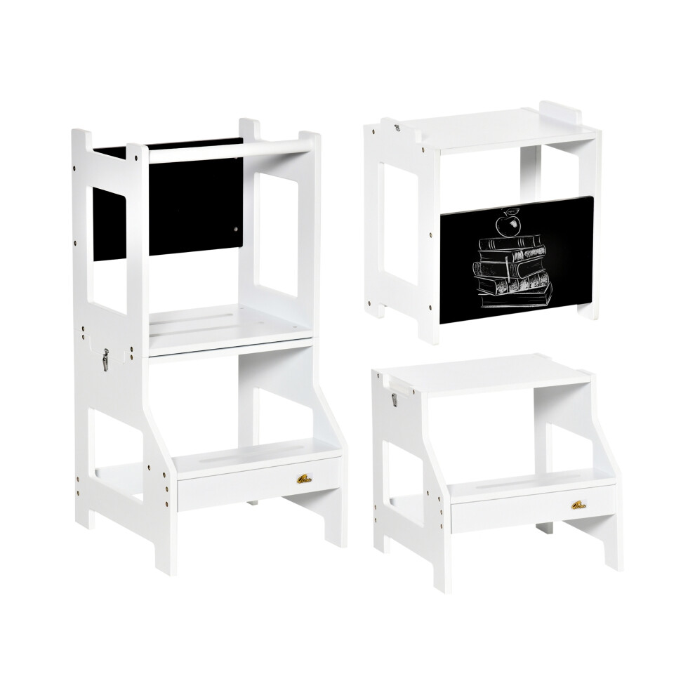 Toddler Step Stool 2 in 1 with Safety Rail & Chalkboard Kids Kitchen & Bathroom Step Stool White Safe Non-slip Design-image-OPC-PMFQG6G-NEW