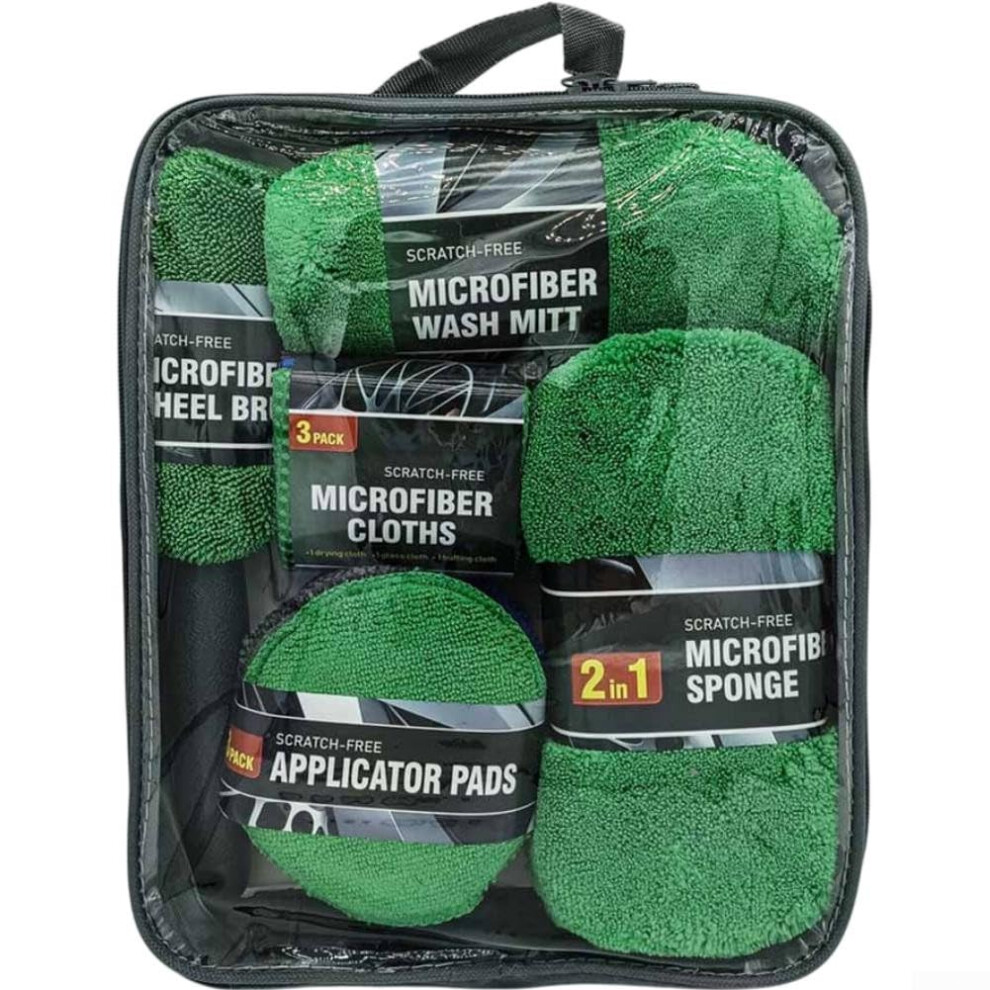 Car Wash Kit 9-Piece Set With Microfiber Cloths, Polishing Pads and Brushes - Green Vehicle Maintenance Kit-image-OPC-PMFQGFN-NEW