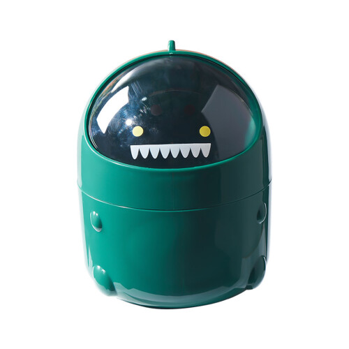 (Green) Mini Desktop Trash Can Swing Lid Dinosaur Garbage Bin Plastic