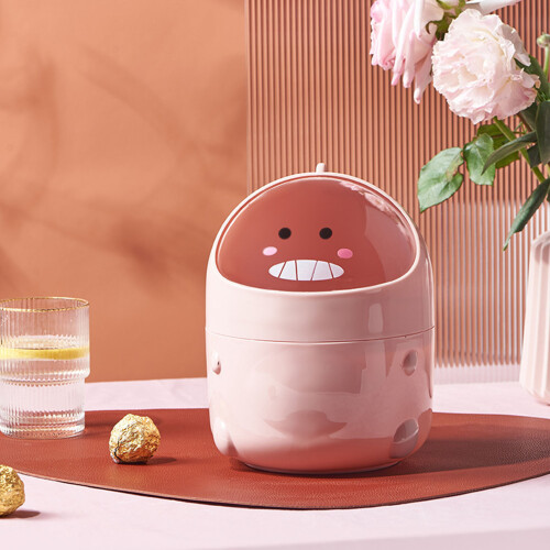 (Pink) Mini Desktop Trash Can Swing Lid Dinosaur Garbage Bin Plastic 1