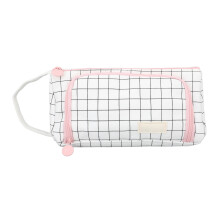 (Black and White Check) Dual Layer Canvas Pencil Case Large Capacity Student Pouch Blue Grey