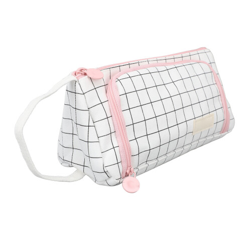 (Black and White Check) Dual Layer Canvas Pencil Case Large Capacity Student Pouch Blue Grey 1