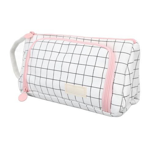 (Black and White Check) Dual Layer Canvas Pencil Case Large Capacity Student Pouch Blue Grey 2