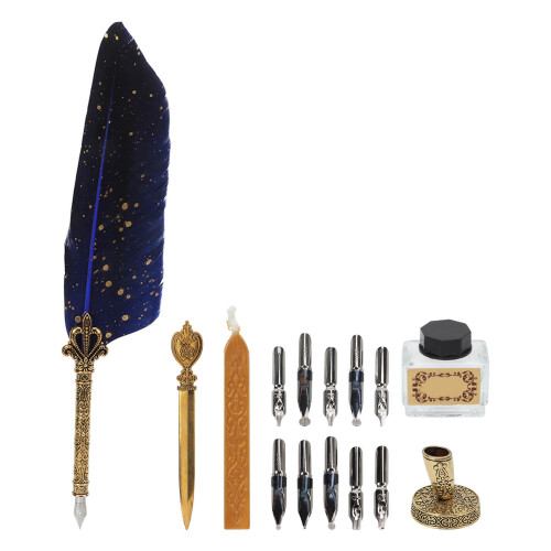 (Blue) Quill Pen Set Retro Calligraphy Kit Multiple Nibs Red
