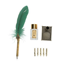 (Green) Feather Pen Zinc Alloy Engraved Nib Vintage DIY Calligraphy Set Green