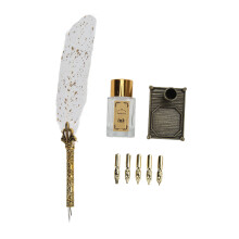 (White) Feather Pen Zinc Alloy Engraved Nib Vintage DIY Calligraphy Set Green