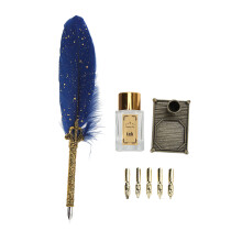 (Blue) Feather Pen Zinc Alloy Engraved Nib Vintage DIY Calligraphy Set Green