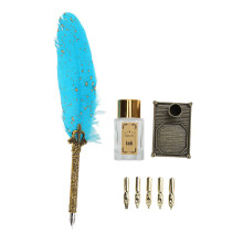 (Sky Blue) Feather Pen Zinc Alloy Engraved Nib Vintage DIY Calligraphy Set Green