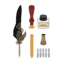 (Black Quill) Retro Quill Pen Set Stainless Steel Nib Caligraphy Kit Black