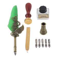 (Green Quill) Retro Quill Pen Set Stainless Steel Nib Caligraphy Kit Black