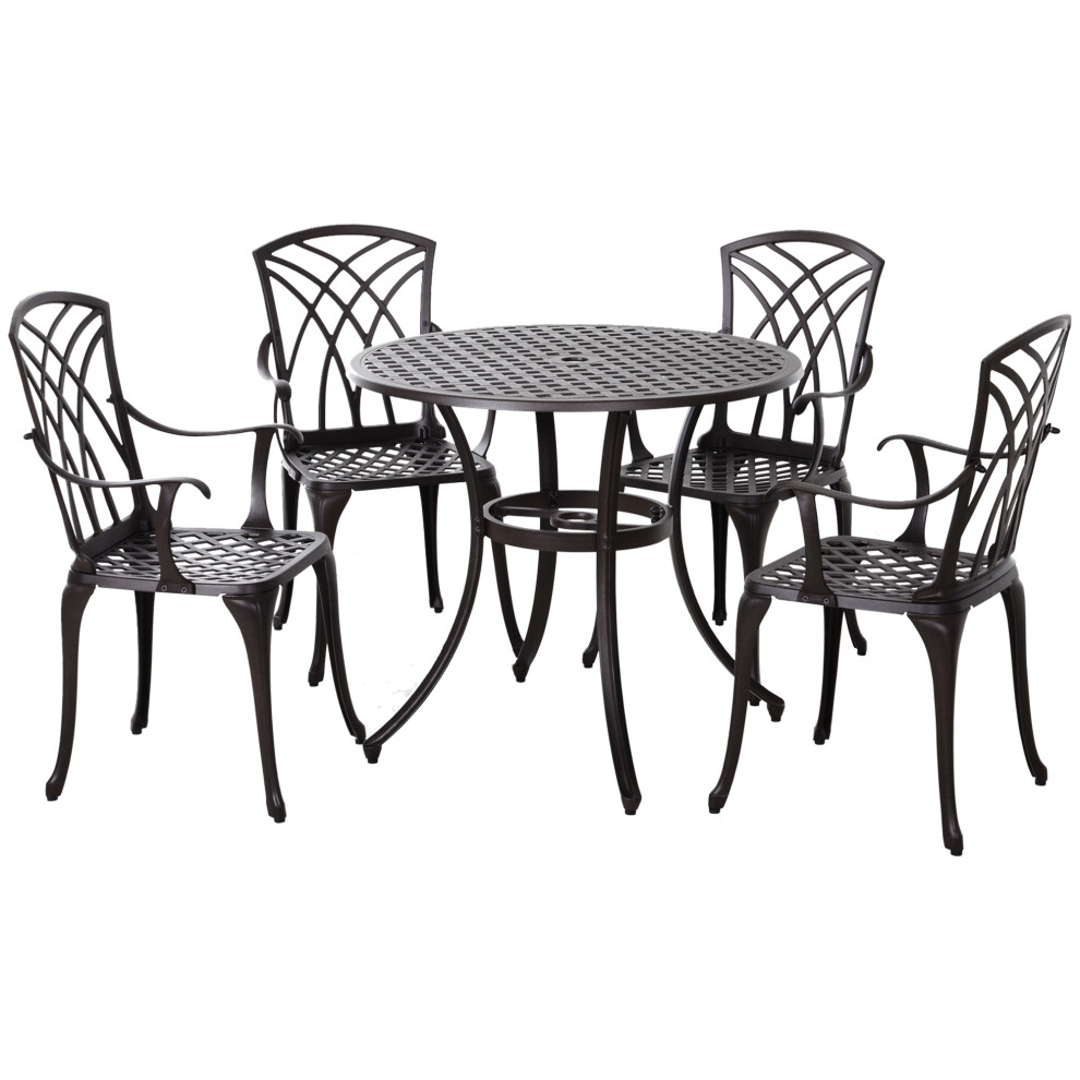 5 Piece Garden Dining Set with Cast Aluminium Frame 4 Armchairs & Round Table with Parasol Hole Outdoor Brown Furniture-image-OPC-PMFQTXQ-NEW