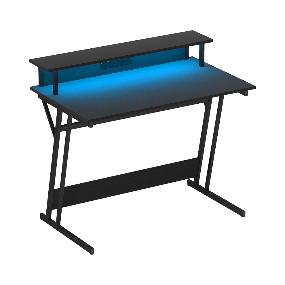 PC Gaming Desk with LED Lights Power Outlets 100x60cm Z-Shaped Steel Frame Monitor Stand & Black Home Office Gaming Table-image-OPC-PMFQYCV-NEW