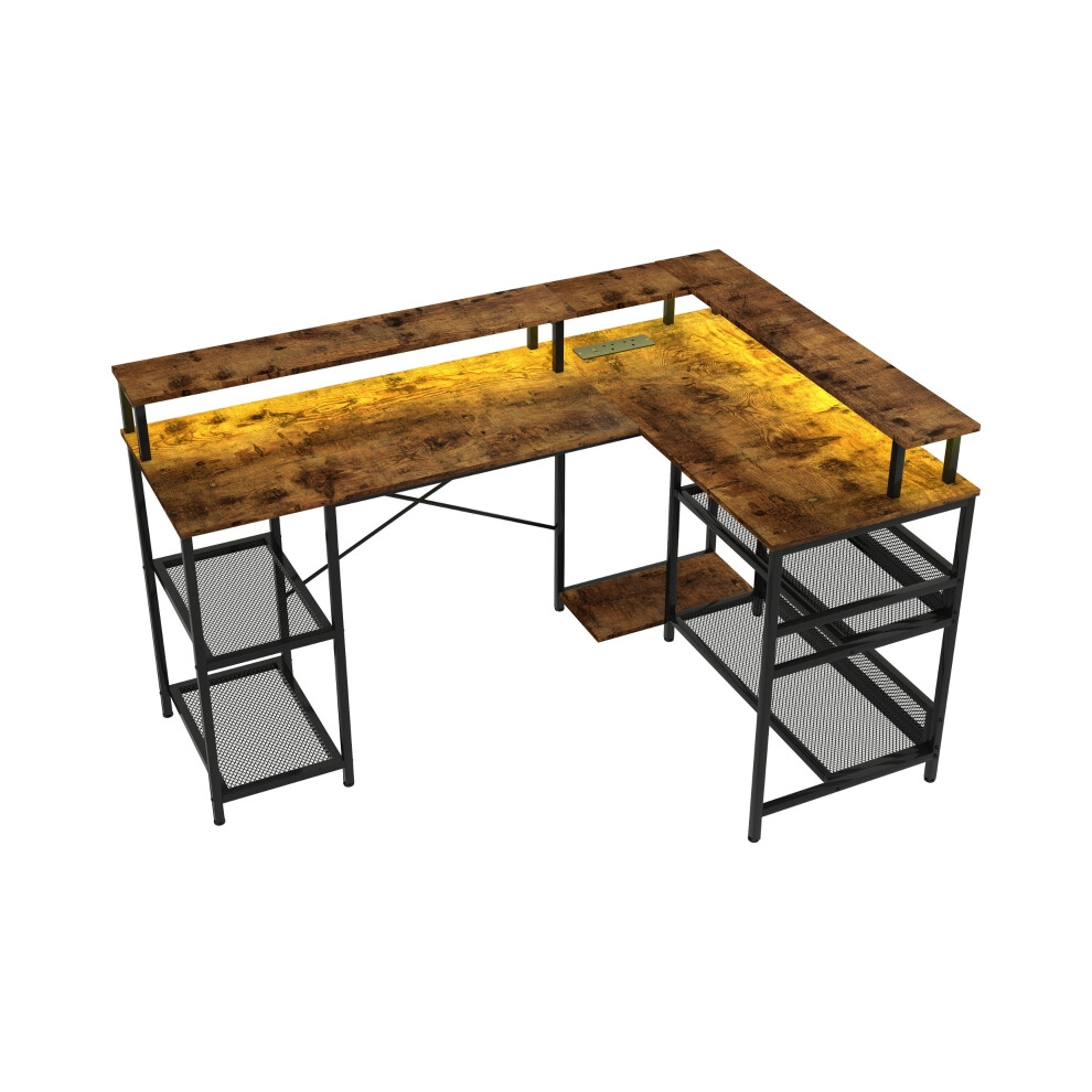 HOMCOM 'L' Computer Desk with Shelves and LED Lighting Brown Finish Spacious Workstation Modern Office Furniture 120cm-image-OPC-PMFR5NC-NEW