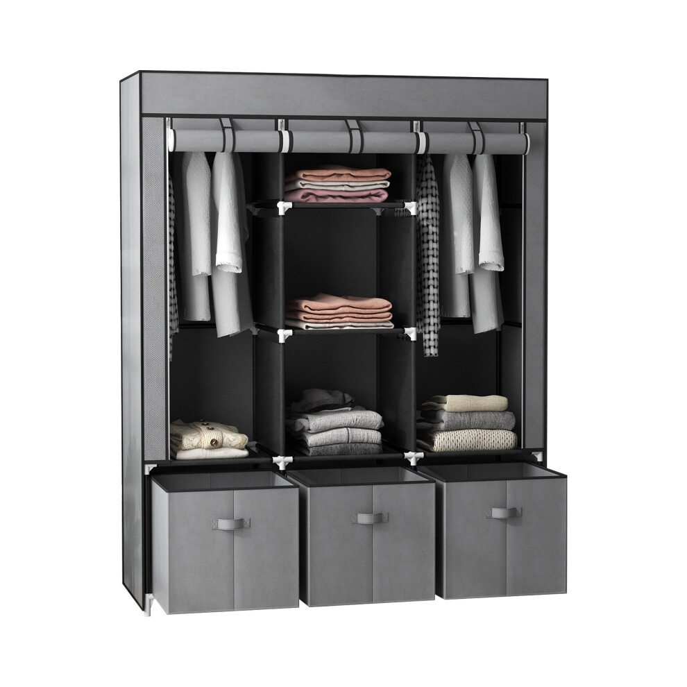 Foldable Fabric Wardrobe with 5 Shelves & 2 Hanging Rails 3 Drawers 125x43x162.5cm Dark Grey Portable Bedroom Closet-image-OPC-PMFR5PF-NEW