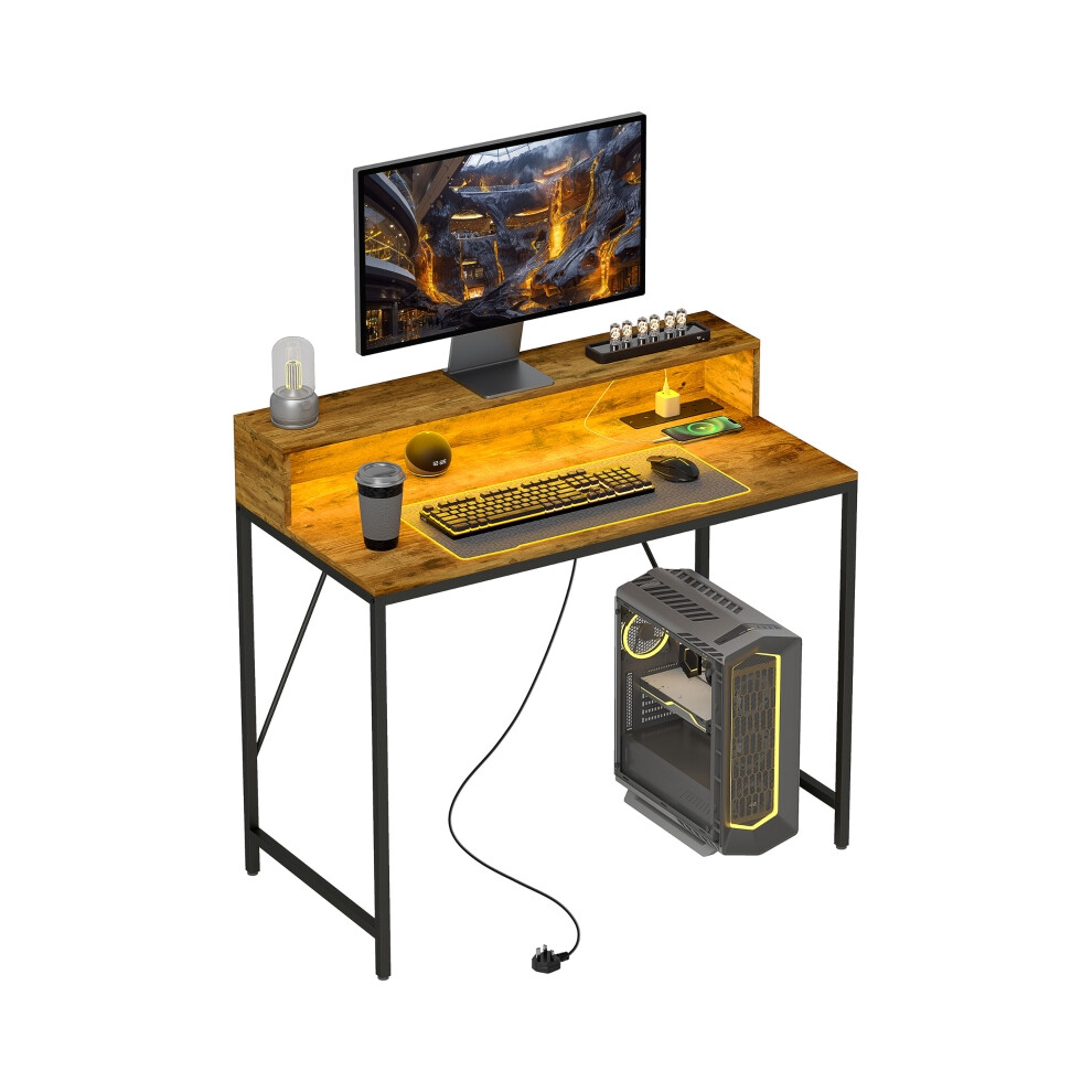 Computer Desk 100cm with LED Lights Power Outlets & Monitor Stand - Rustic Brown Home Office Gaming Table-image-OPC-PMFR6XM-NEW