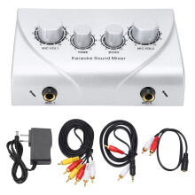 (Silver) Karaoke Mixer Dual Microphone Input Sound Mixer with Cable for Stage