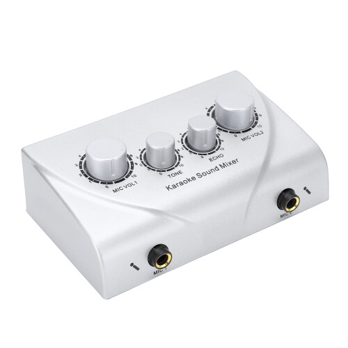 (Silver) Karaoke Mixer Dual Microphone Input Sound Mixer with Cable for Stage 1