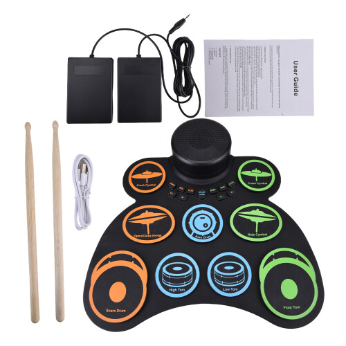 Electronic Drum Set 9 Pads MIDI Speaker Roll-Up Silicone