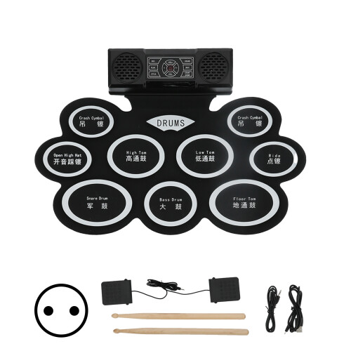 (EU Plug) Electronic Drum Pad Set Foldable 2 Speakers Battery 100-240V
