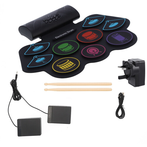 (UK Plug) Electronic Drum Pad Set Bluetooth MIDI Foldable Kit Battery Speaker
