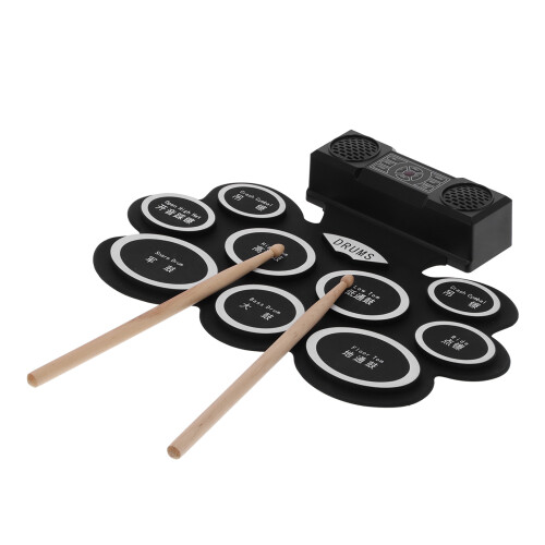 (US Plug) Electronic Drum Pad Set Foldable 2 Speakers Battery 100-240V 1