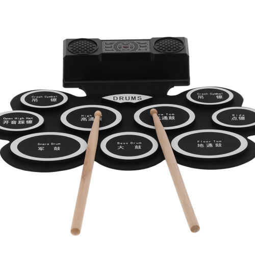 (US Plug) Electronic Drum Pad Set Foldable 2 Speakers Battery 100-240V 2