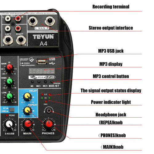 TU04 BT Audio Mixer 4 Channels 48V Phantom Power USB Recording 2