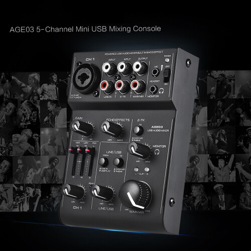 AGE03 5-Channel Mini Mixer USB Audio Interface Echo Effect USB Powered 1