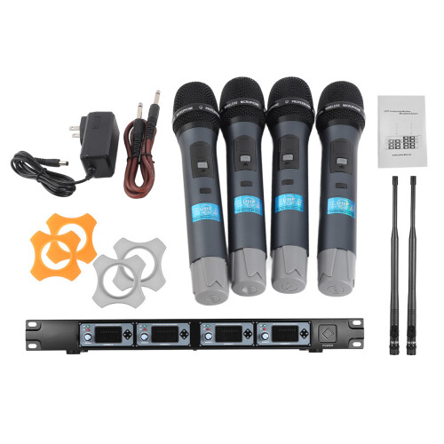 4D 4 Channel UHF Wireless Mic System 4 Mics 1 Receiver 6.35mm LCD