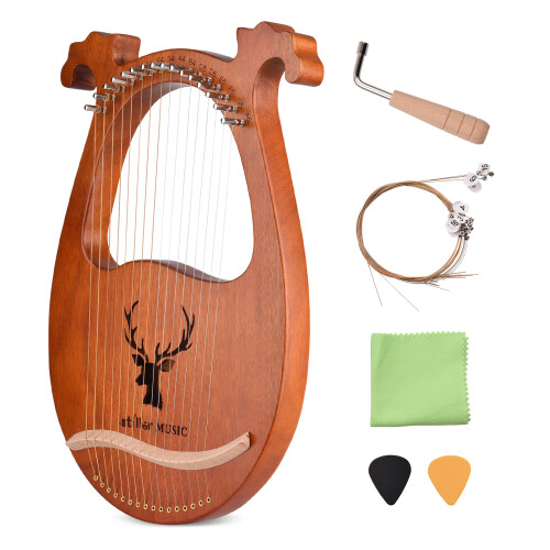 16 String Lyre Harp Solid Wood with Tuning Hammer Cloth Picks