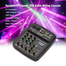 4-Channel Audio Mixer LED Screen USB BT 2-band EQ 48V Phantom Karaoke
