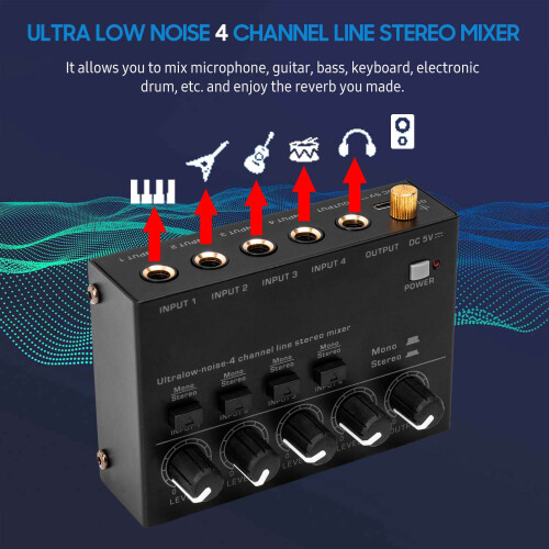 4 Channel Stereo Mixer 4 Input 1 Output DC 5V Portable