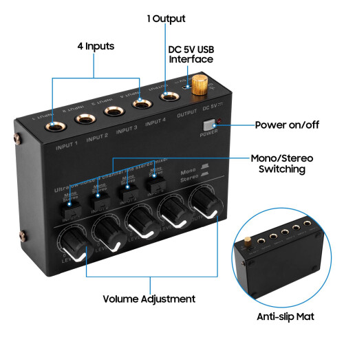 4 Channel Stereo Mixer 4 Input 1 Output DC 5V Portable 1