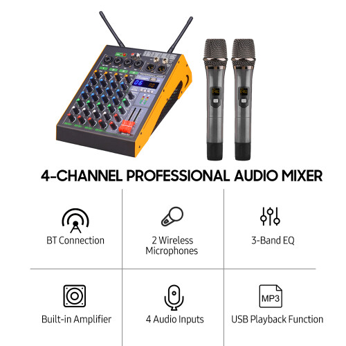 4-Channel BT Audio Mixer 2 Wireless Mics LED Console