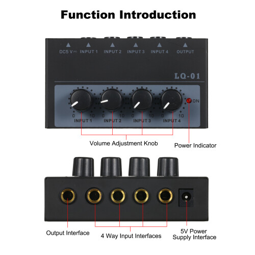 4 Channel Mini Mixer 4 Input 1 Output DC 5V Portable 1