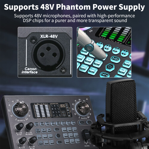 Portable Digital Mixer BT USB 48V Phantom Power Live Rechargeable 2