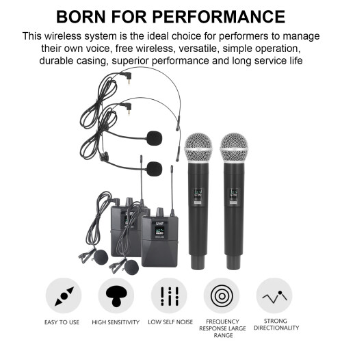 UHF Wireless Mic System Dual Handheld Receiver Headworn Lavalier