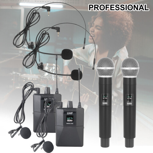 UHF Wireless Mic System Dual Handheld Receiver Headworn Lavalier 1