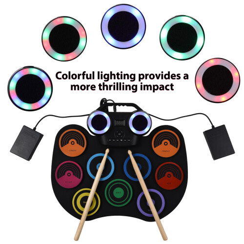 Electric Drum Set 9-Pad Portable Kit with Speaker LED USB/Battery 1