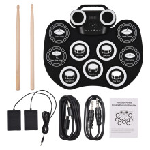 Portable Roll Up Drum Pad with Speakers Pedals Headphones Light