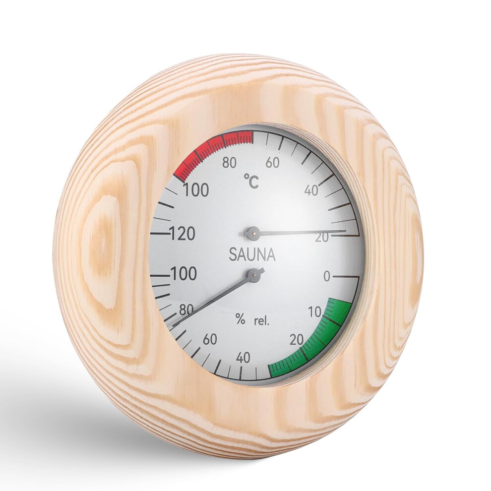 Wood Sauna Thermo-Hygrometer, 2-In-1 Thermometer and Hygromete rwith High Accuracy, Round Wooden Humidity Meter Sauna Accessories