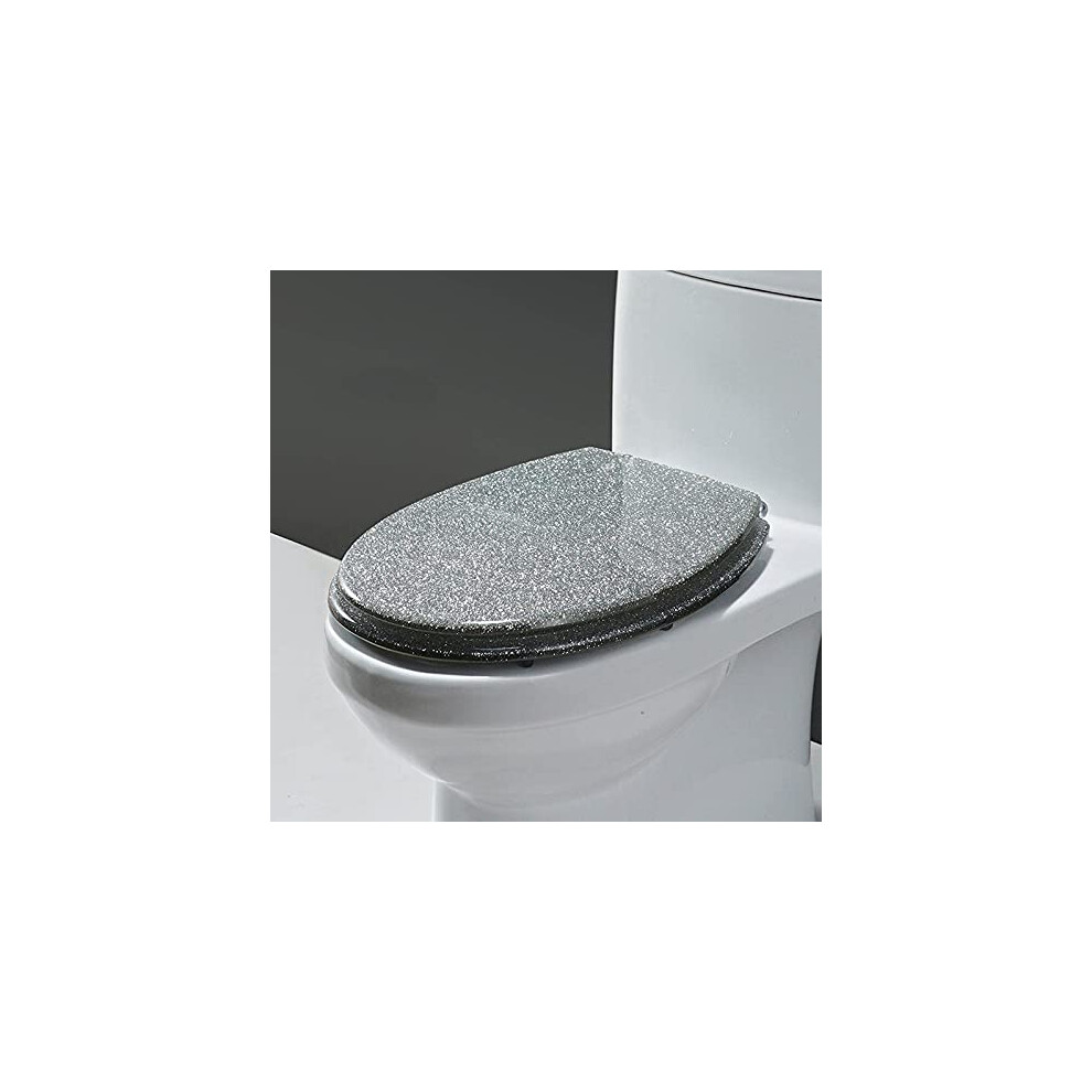 Resin Toilet Seat Glitter, Glitter Resin Toilet Seat, Oval Slow Close Toilet Seat, 36X42 Cm, Black Silver, Easy Installation, Easy Cleaning 9393856623747