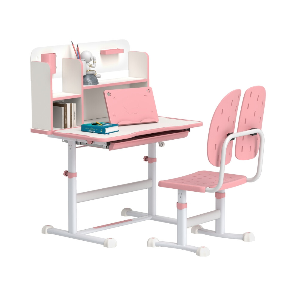 Kids School Desk and Chair Set with Adjustable Height Tilting Desktop Reading Rack in Pink Child-Friendly Study Station-image-OPC-PMFS7WT-NEW