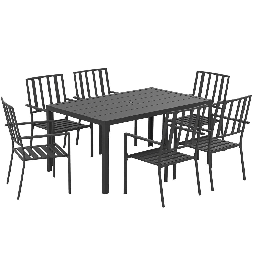 Garden Dining Table and Chairs Set 7-Piece Metal with Parasol Hole Minimalist Black Outdoor Furniture-image-OPC-PMFS7ZF-NEW