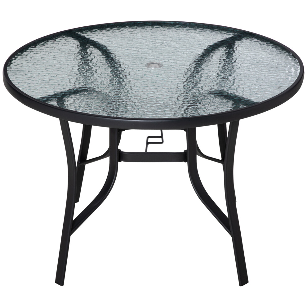 Round Garden Dining Table 106cm with Tempered Glass Top and Steel Frame Parasol Hole for Outdoor Patio Use-image-OPC-PMFSD62-NEW