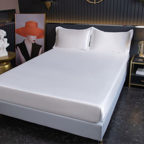 Breathable Satin Flat Sheet Bedding Collection Elegance Solid Color Waterproof Mattress Protector Cover Polyester White