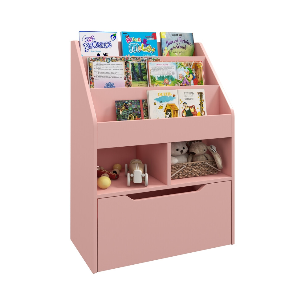 Kids Bookshelf and Toy Organizer in Pink with Storage Drawer and Wheels - Durable Wooden Design for Kids Room-image-OPC-PMFSDWV-NEW