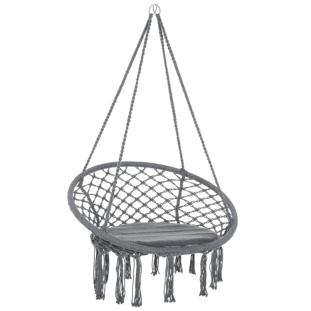 Portable Macrame Hanging Rope Chair with Cushion Cotton-Polyester Blend Fringe Tassels for Garden Patio Deck Tree Grey-image-OPC-PMFSGXK-NEW